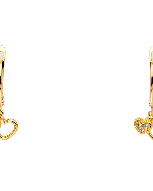 14K Yellow Gold Double Heart CZ Mini Dangle Earrings 1/4