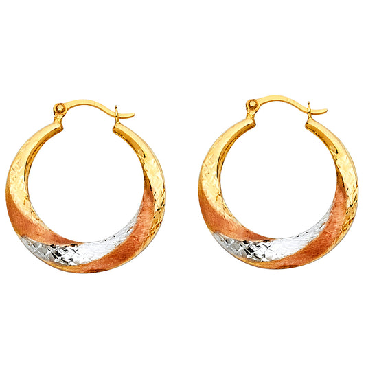 14K Tri-Color Gold Diamond-Cut Round Hoop Earrings