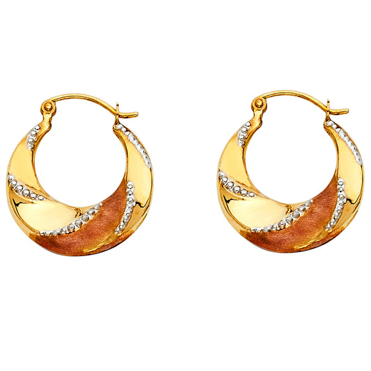 14K Tri-Color Gold Textured Swirl Hoop Earrings