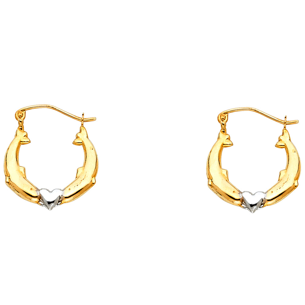 14K Two-Tone Gold Dolphin Heart Hoop Earrings