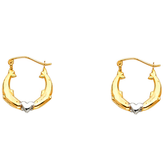 14K Two-Tone Gold Dolphin Heart Hoop Earrings