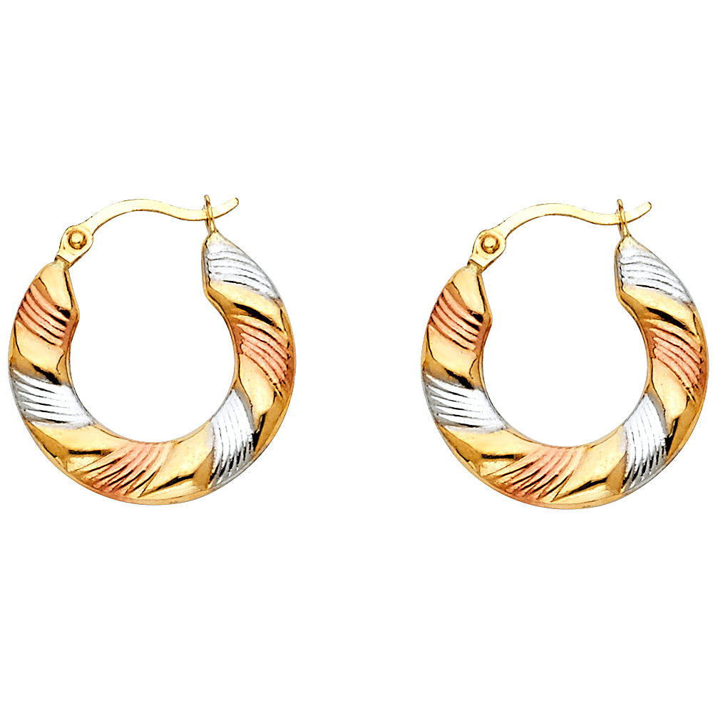 14K Tri-Color Gold Textured Swirl Hoop Earrings