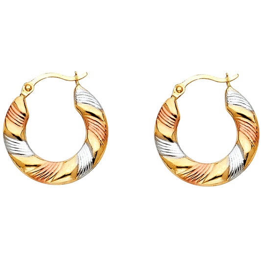 14K Tri-Color Gold Textured Swirl Hoop Earrings