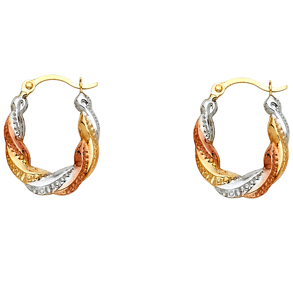 14K Tri-Color Gold Braided Textured Hoop Earrings