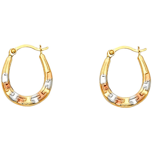 14K Tri-Color Gold Greek Key Hoop Earrings