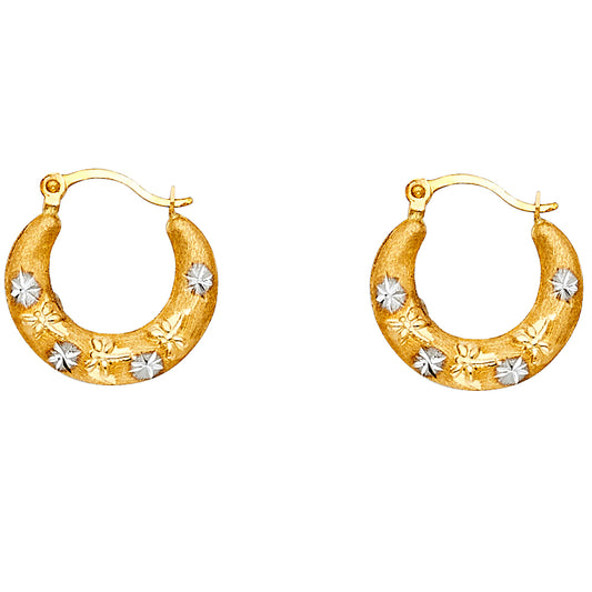 14K Two-Tone Gold Floral Engraved Hoop Earrings