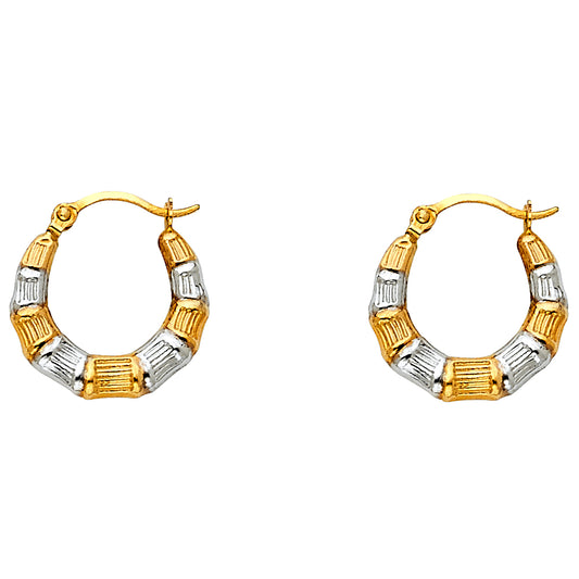 14K Two-Tone Gold Bamboo Style Hoop Earrings