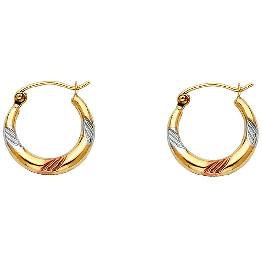 14K Tri-Color Gold Textured Swirl Accent Hoop Earrings