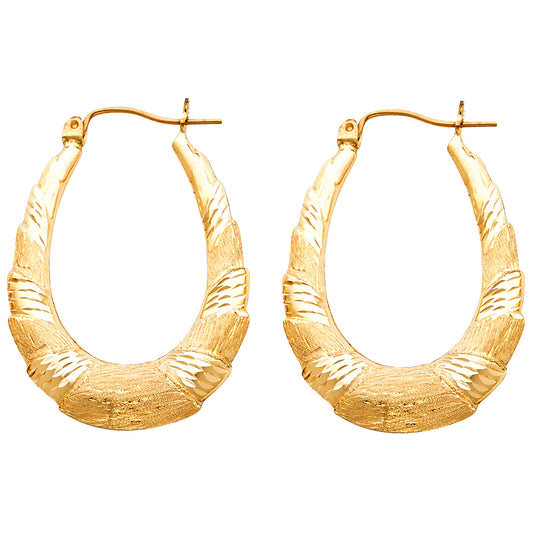 14K Yellow Gold Textured Oval Hoop Earrings