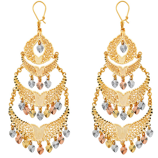 14K Tri-Color Gold Women’s Filigree Chandelier Dangle Earrings aprox 3" tall