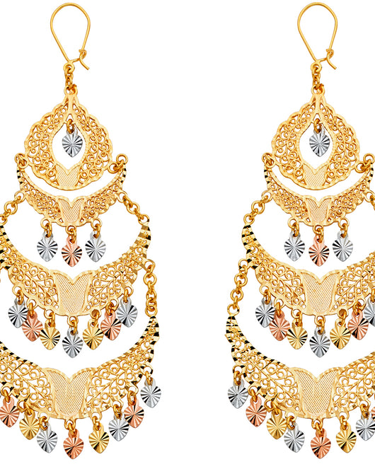 14K Tri-Color Gold Women’s Filigree Chandelier Dangle Earrings aprox 3
