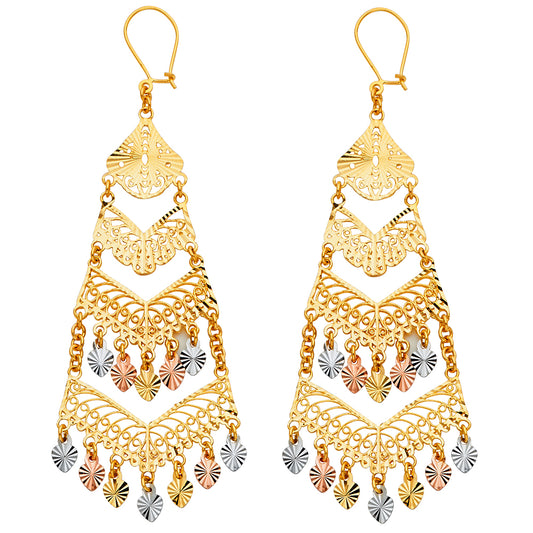 14K Tri-Color Gold Women’s Filigree Chandelier Dangle Earrings aprox 2 3/4" tall