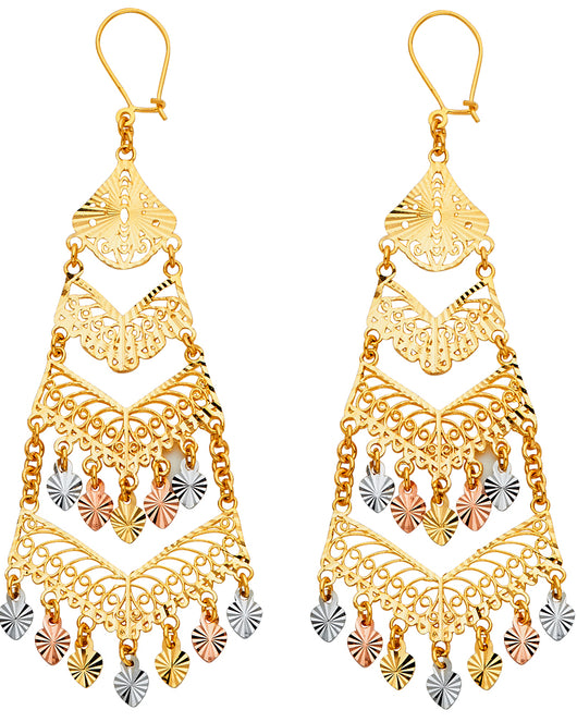 14K Tri-Color Gold Women’s Filigree Chandelier Dangle Earrings aprox 2 3/4