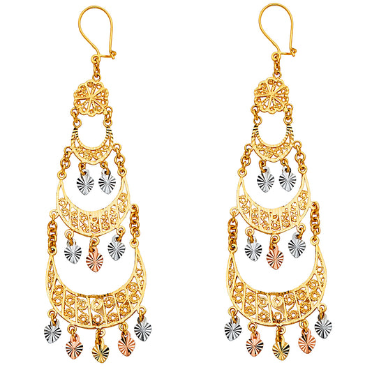 14K Tri-Color Gold Women’s Filigree Chandelier Dangle Earrings aprox 3" tall