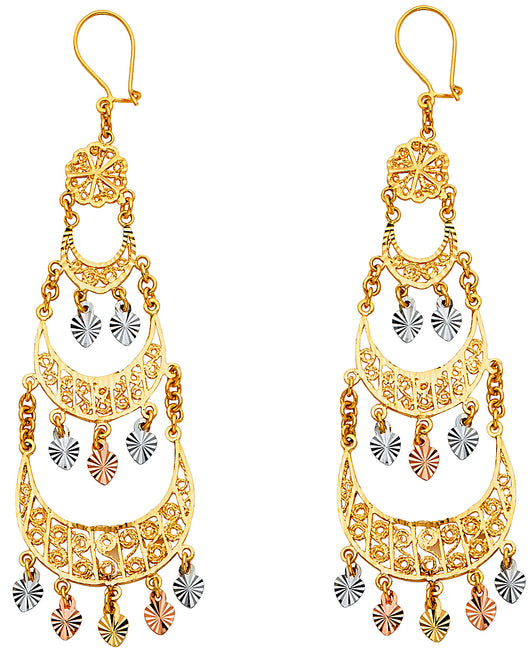 14K Tri-Color Gold Women’s Filigree Chandelier Dangle Earrings aprox 3