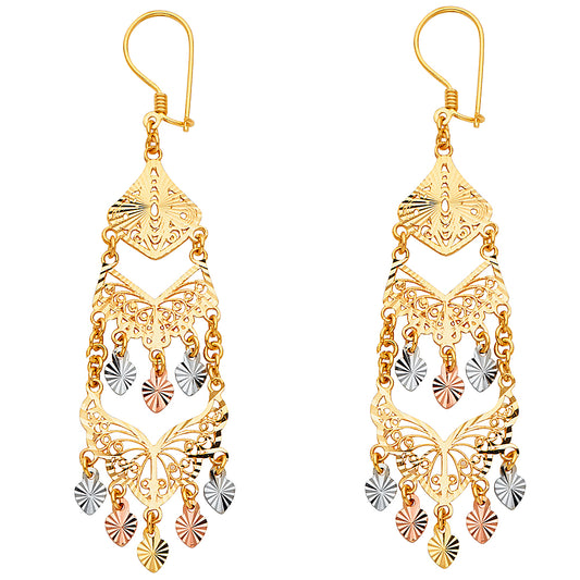 14K Tri-Color Gold Women’s Filigree Chandelier Dangle Earrings aprox 2 1/2" tall