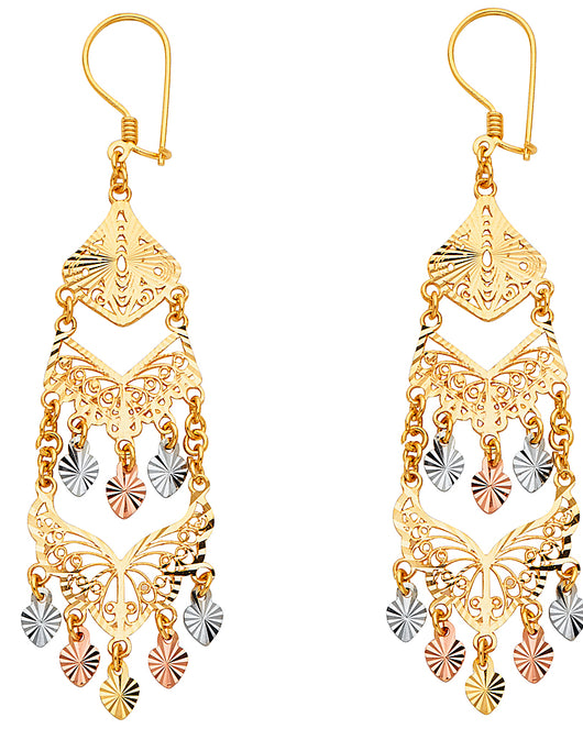 14K Tri-Color Gold Women’s Filigree Chandelier Dangle Earrings aprox 2 1/2