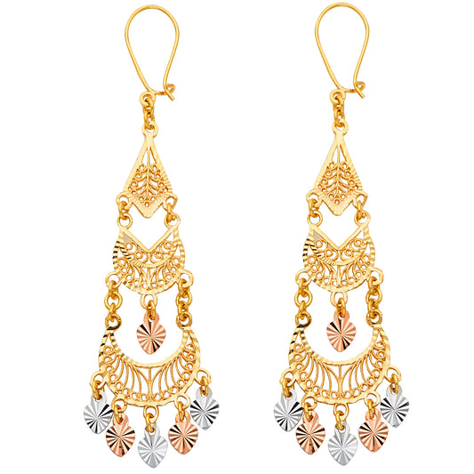 14K Tri-Color Gold Women’s Filigree Chandelier Dangle Earrings aprox 2" tall