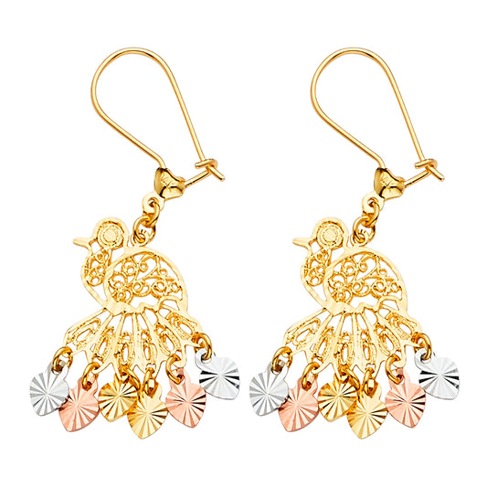 14K Tri-Color Gold Women’s Peacock Filigree Dangle Earrings aprox 1 1/4" tall