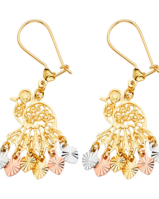 14K Tri-Color Gold Women’s Peacock Filigree Dangle Earrings aprox 1 1/4