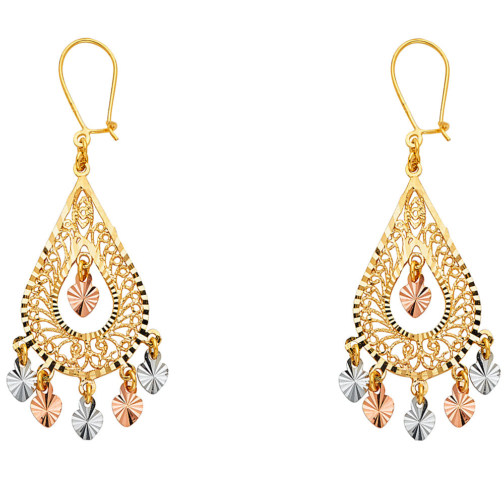 14K Tri-Color Gold Women’s Teardrop Filigree Dangle Earrings aprox 1 1/2" tall