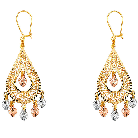 14K Tri-Color Gold Women’s Teardrop Filigree Dangle Earrings aprox 1 1/2" tall