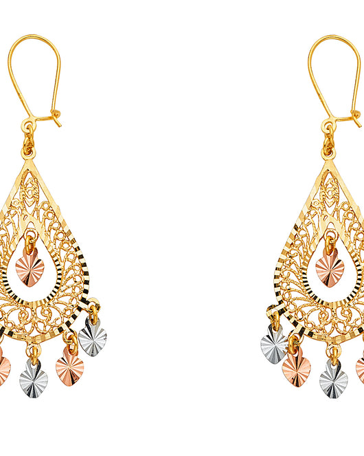 14K Tri-Color Gold Women’s Teardrop Filigree Dangle Earrings aprox 1 1/2