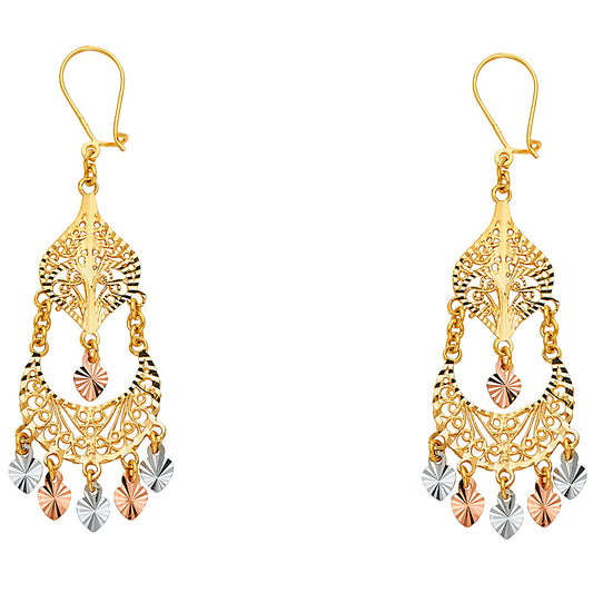 14K Tri-Color Gold Women’s Filigree Chandelier Dangle Earrings aprox 3" tall