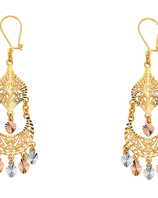 14K Tri-Color Gold Women’s Filigree Chandelier Dangle Earrings aprox 3