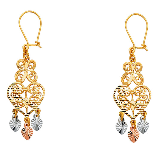 14K Tri-Color Gold Women’s Butterfly & Heart Filigree Dangle Earrings aprox 1 1/2" tall