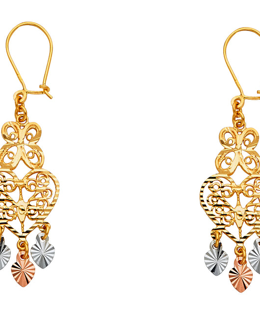 14K Tri-Color Gold Women’s Butterfly & Heart Filigree Dangle Earrings aprox 1 1/2