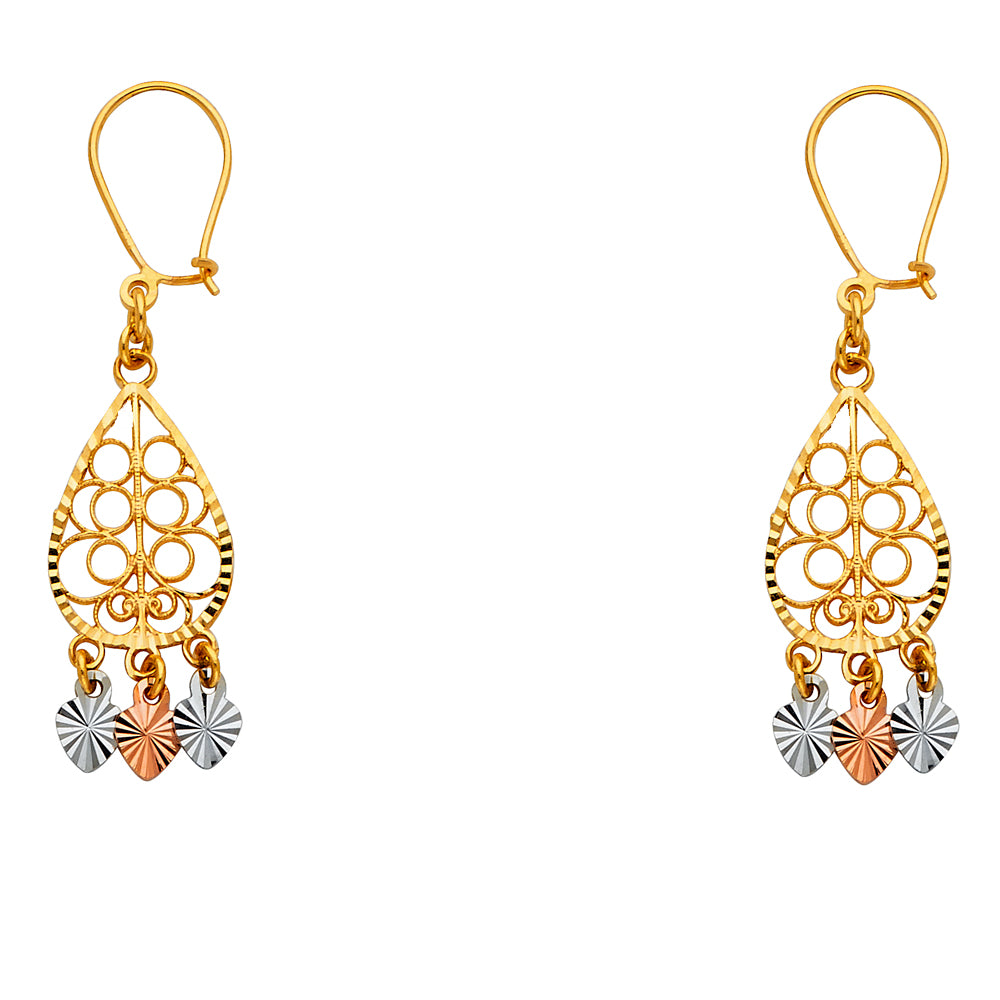 14K Tri-Color Gold Women’s Teardrop Filigree Dangle Earrings aprox1 1/4 tall
