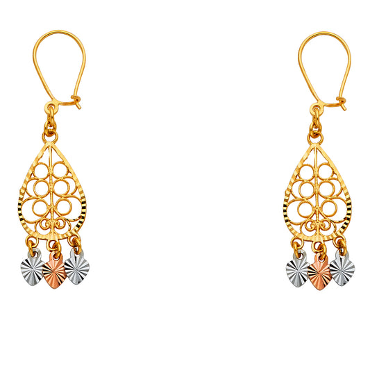 14K Tri-Color Gold Women’s Teardrop Filigree Dangle Earrings aprox1 1/4 tall