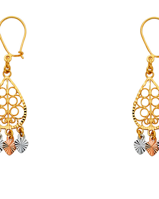 14K Tri-Color Gold Women’s Teardrop Filigree Dangle Earrings aprox1 1/4 tall