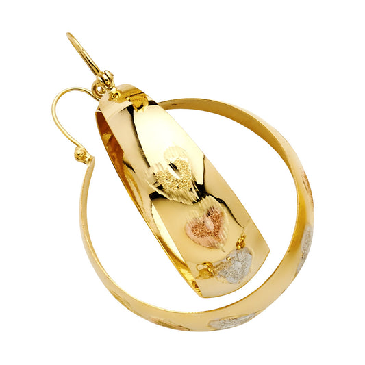 14K Tri-Color Gold Women’s Heart Diamond-Cut Hoop Earrings aprox 1 1/4" tall