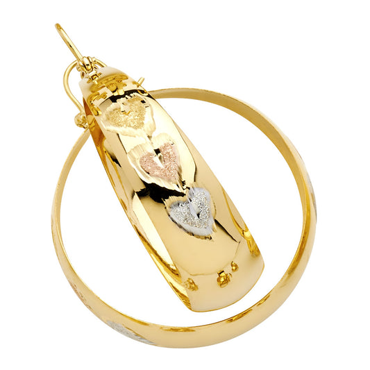 14K Tri-Color Gold Women’s Heart Diamond-Cut Hoop Earrings aprox 1/2" tall