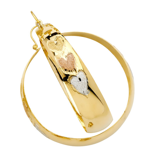 14K Tri-Color Gold Women’s Heart Diamond-Cut Hoop Earrings aprox 2" tall