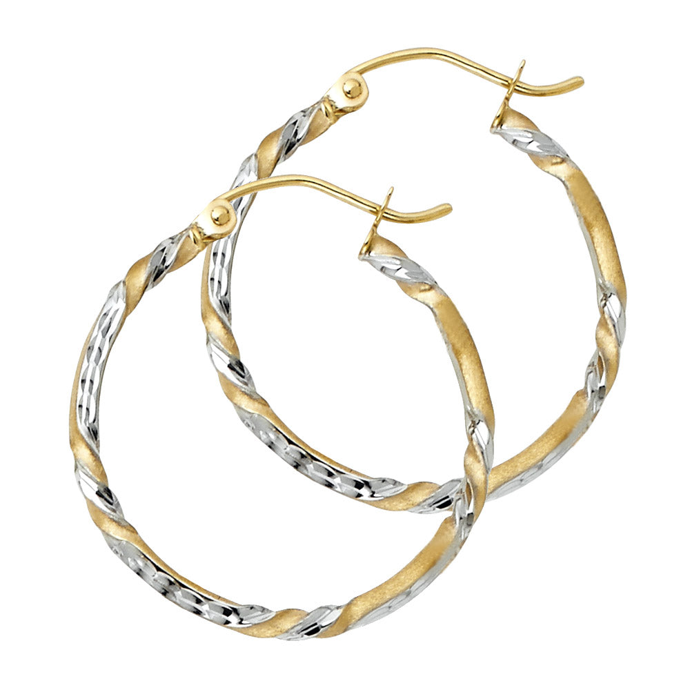 14K Two-Tone Gold Twisted Diamond-Cut Hoop Earrings 2.0mm thick aprox 1" tall