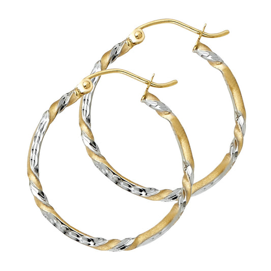 14K Two-Tone Gold Twisted Diamond-Cut Hoop Earrings 2.0mm thick aprox 1" tall