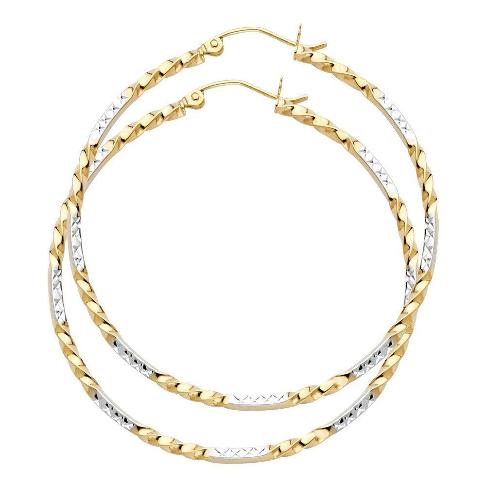 14K Two-Tone Gold Twisted Diamond-Cut Hoop Earrings 2.0mm thick aprox 1 3/4" in diameter