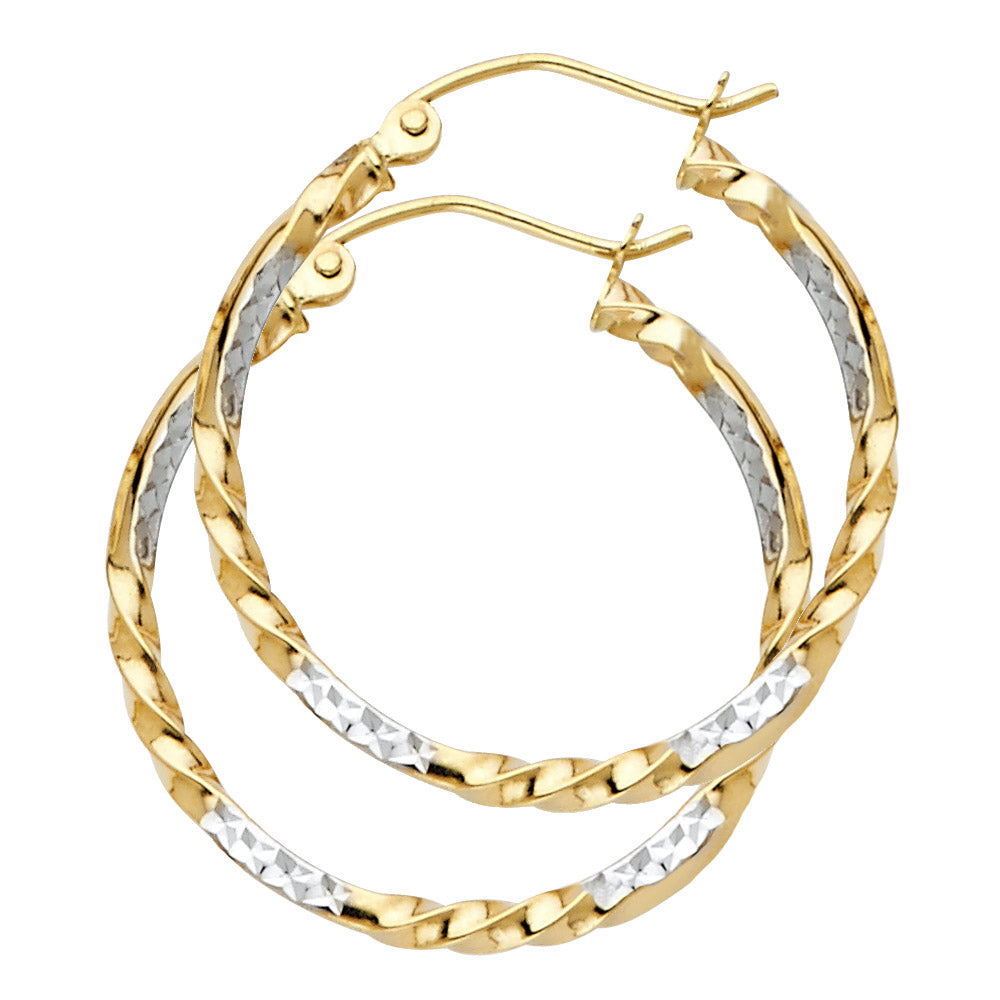 14K Two-Tone Gold Twisted Diamond-Cut Hoop Earrings 2.0mm thick aprox 1.5" in diameter