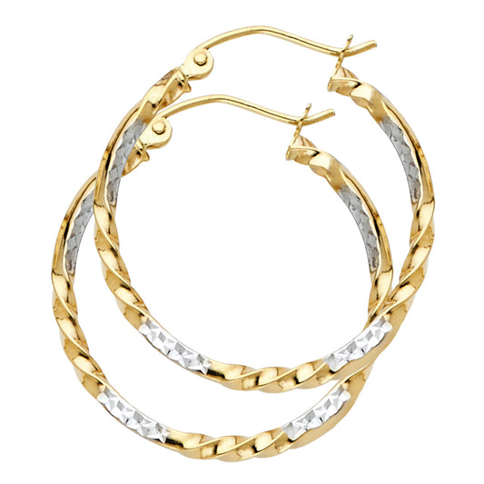 14K Two-Tone Gold Twisted Diamond-Cut Hoop Earrings 2.0mm thick aprox 1.5" in diameter