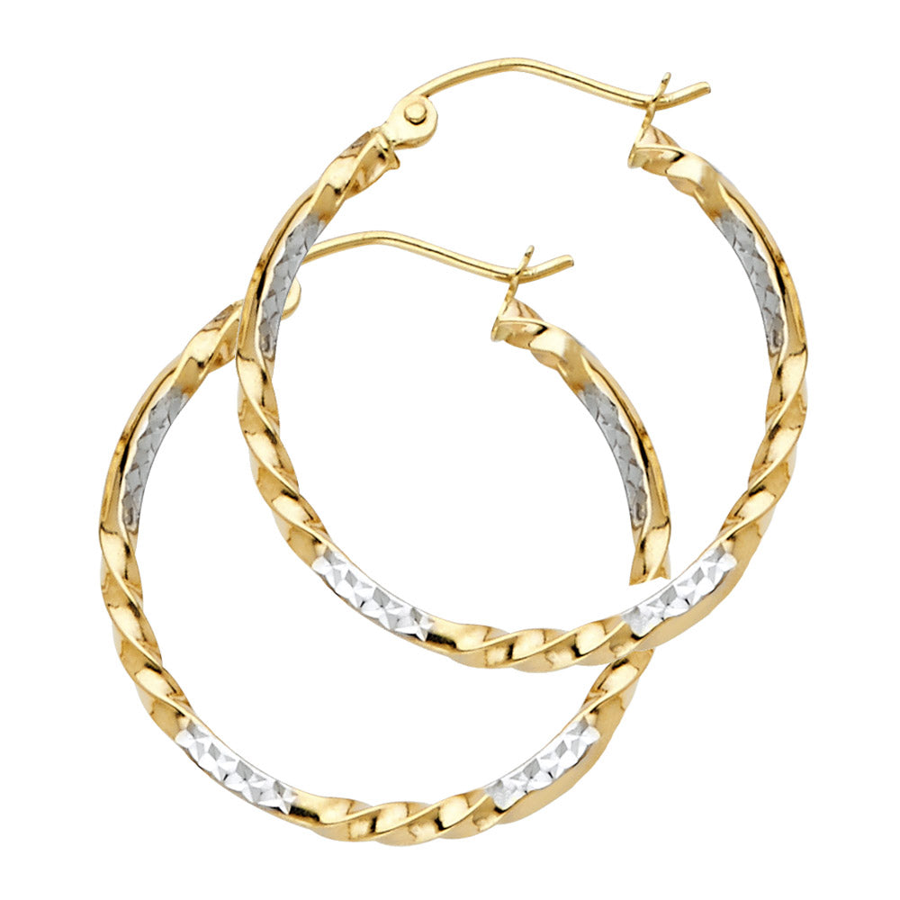 14K Two-Tone Gold Twisted Diamond-Cut Hoop Earrings 2.0mm thick aprox 3/4" in diameter