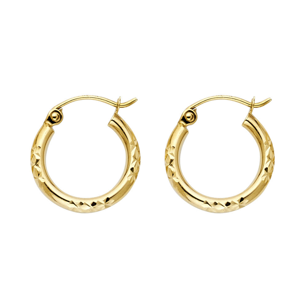 14K Yellow Gold Diamond-Cut Faceted Hoop Earrings 2.0mm thick aprox 1/2"" in diameter