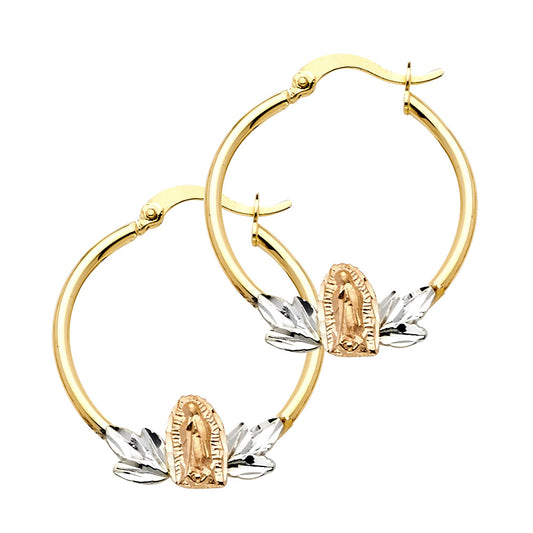 14K Tri-Color Gold Round Guadalupe Design Hoop Earrings aprox 1 " in diameter