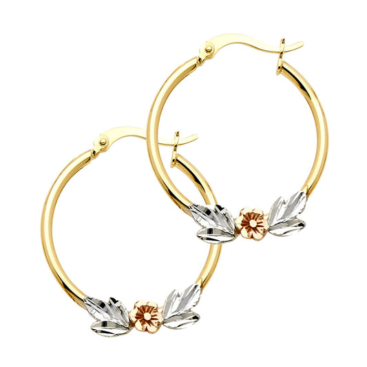 14K Tri-Color Gold Round Hoop Earrings with Flower Design aprox 1" in diameter