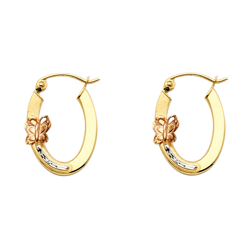 14K Tri-Color Gold Oval Hoop Earrings with Butterfly Design aprox 1/2" in diameter