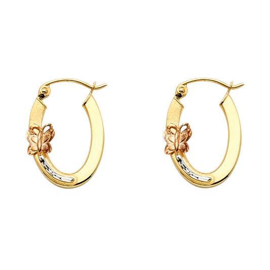 14K Tri-Color Gold Oval Hoop Earrings with Butterfly Design aprox 1/2" in diameter