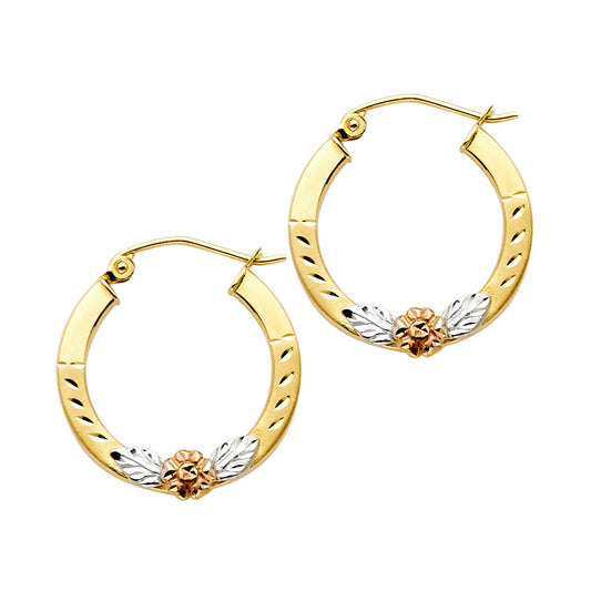 14K Tri-Color Gold Floral Design Hoop Earrings aprox 1" in diameter