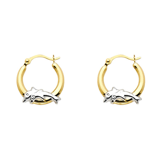 14K Two-Tone Gold Double Dolphin Design Hoop Earrings aprox 1/2" in diameter